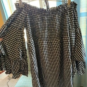 Off The Shoulder Gingham Bell Sleeve Dress